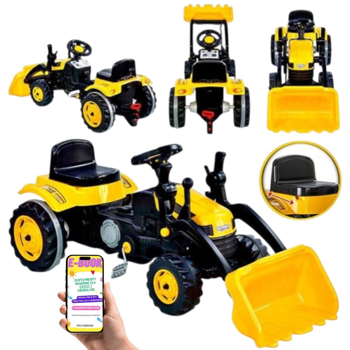 TRAKTOR NA PEDAŁY XL Z ŁADOWACZEM – SPYCHACZ + Ciche koła + DO 50 KG – MEGA FRAJDA DLA DZIECI + EBOOK