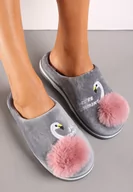 Kapcie damskie - Szare Kapcie na Płaskiej Podeszwie z Pomponem i Haftem Xamela - miniaturka - grafika 1