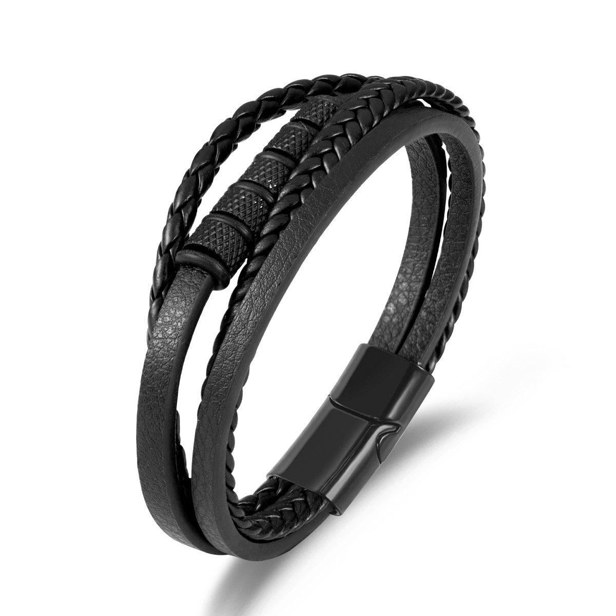 Męska bransoletka skórzana czarna z czarną stalą nierdzewną 21 cm