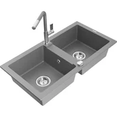 Zlewozmywaki z baterią - Mexen Mario zlewozmywak granitowy 2-komorowy z baterią kuchenną Flora, szary - miniaturka - grafika 1