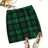 Spódnice - TEMU Elegancka plisowana mini spódnica dla kobiet, zielono-czarna, poliester 95% 5%, dzianinowa tkanina, lekka 210g/m², sezon wiosna/jesień - miniaturka - grafika 1