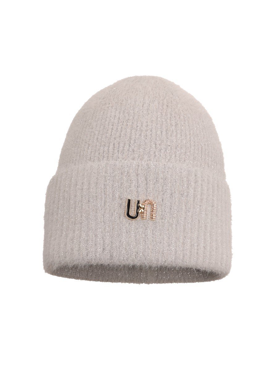 Dziewczęca czapka z futrzastą przędzą i złotą przywieszką szary Ambra r.50/54