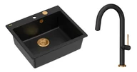 Zlewozmywaki z baterią - Quadron Unique Zlewozmywak granitowy jednokomorowy 57*50*22 cm MORGAN 110 PURE CARBON z syfonem Push-2-Open w kolorze miedzianym z baterią HALEY T LINE PURE CARBON kolor czarny mat/wykończenie miedź - miniaturka - grafika 1