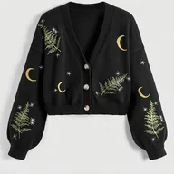 Swetry damskie - TEMU Kardigan z Eleganckim Dekoltem w Serek dla Kobiet z Wzorem Księżyca i Gwiazd - Ciemnoniebieski, Długi Rękaw, Zapinany na Guziki, Moda - miniaturka - grafika 1