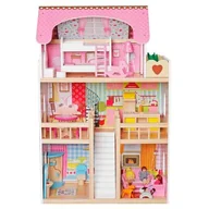 Domki dla lalek - DOMEK DLA LALEK DREWNIANY LED  XXXL 60x33x90CM + 3 LALKI + 2 ZWIERZĄTKA - miniaturka - grafika 1