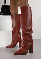 Kozaki damskie - Bordowe Eleganckie Kozaki do Kolana na Słupku z Marszczoną Cholewką Badira - miniaturka - grafika 1