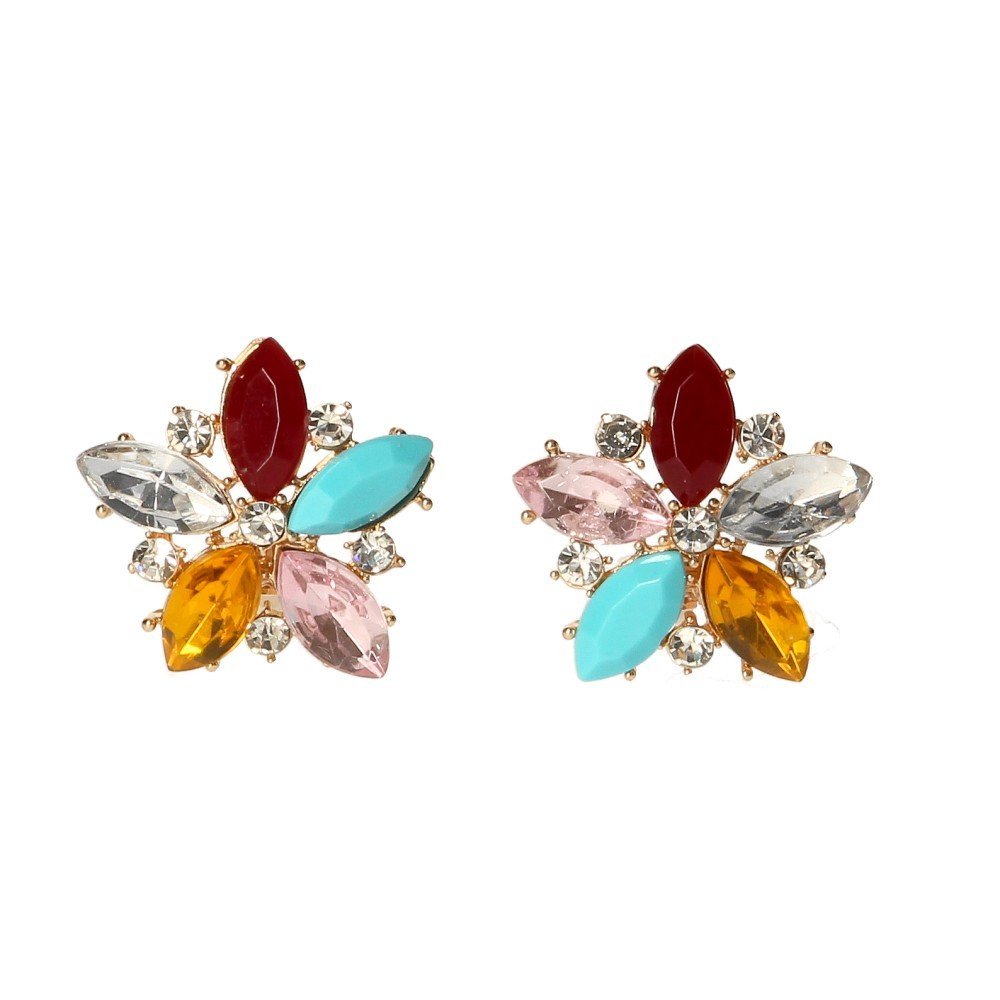 Klipsy do uszu złote kwiatki z kolorowymi cyrkoniami