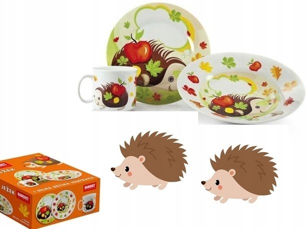 CERAMICZNY ZESTAW DLA DZIECI OBIADOWY śniadaniowy talerzyki jeżyk zastawa