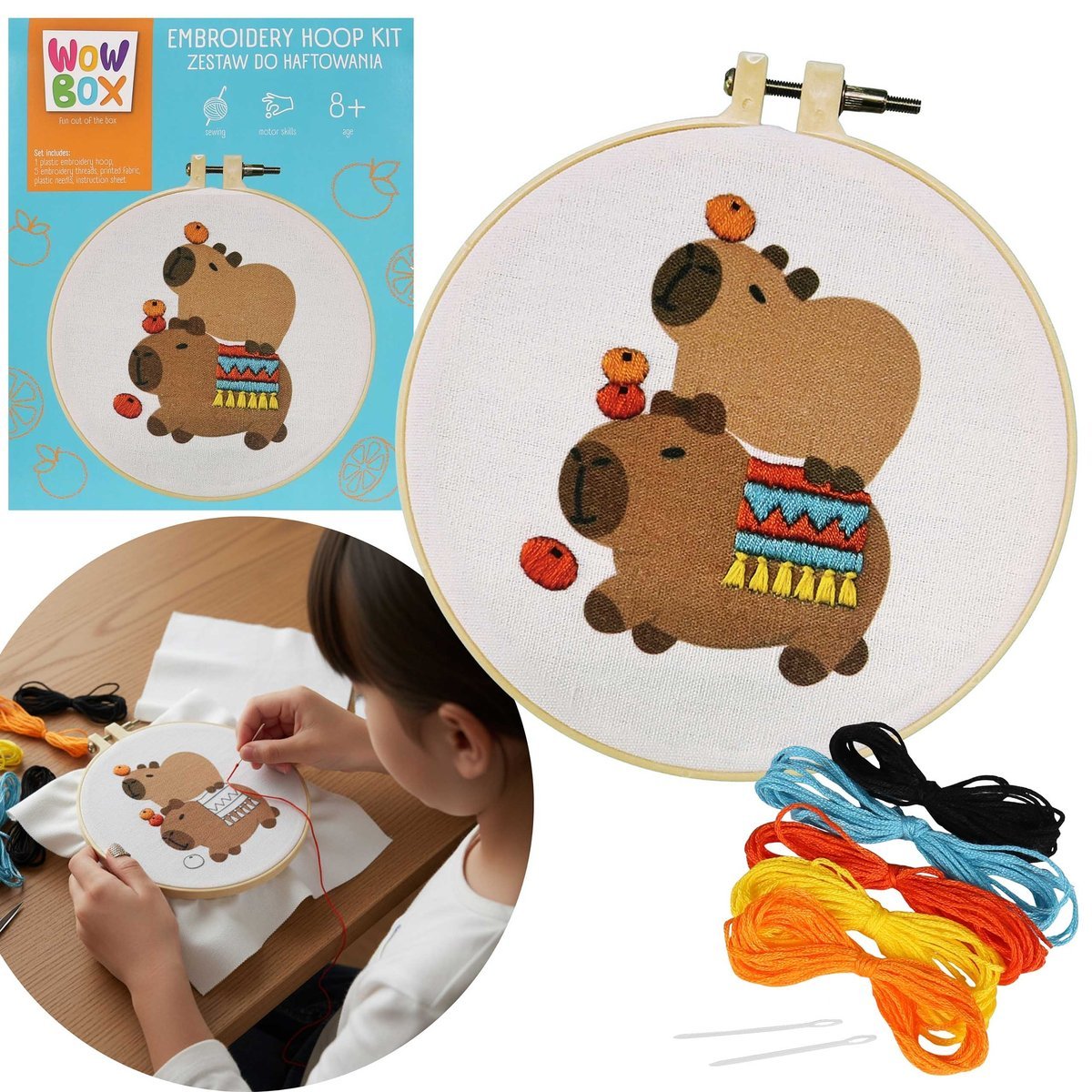 Wow Box - Radosne KAPIBARY ZESTAW do haftowania, zestaw kreatywny z tamborkiem 8+