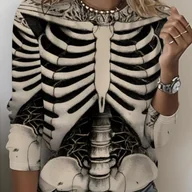 Bluzki damskie - TEMU Damska Biało-Czarna Koszulka z Długim Rękawem w Szkieletowy Print - Gotycki Wzór Żeberek i Kręgosłupa, Okrągły Kołnierzyk, Casualowa Bluzka na - miniaturka - grafika 1