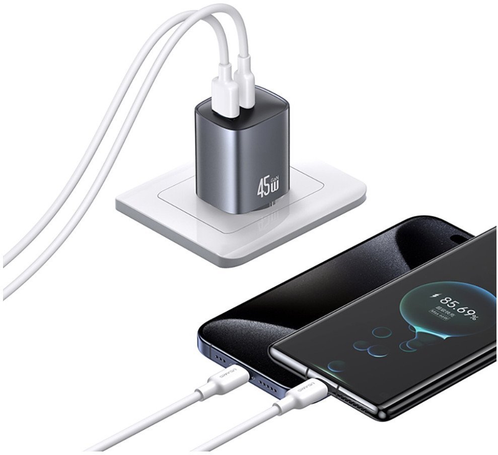Ładowarka sieciowa USAMS CC290 T66 45W GaN 1xUSB-A 1xUSB-C srebrny