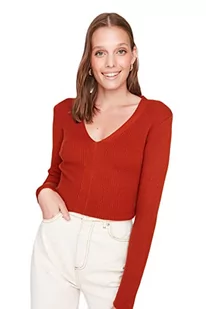 Trendyol Damska bluza z okrągłym dekoltem jednokolorowa dopasowana bluza, Czerwone płytki, L - Bluzy damskie - miniaturka - grafika 1