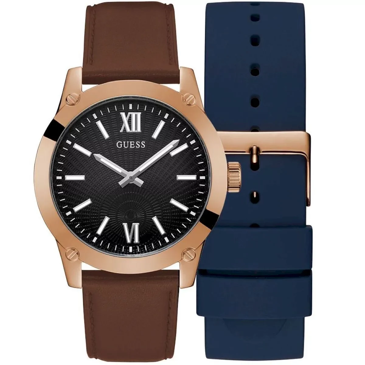 Różowozłoty zegarek męski Guess Crescentz dodatkowym paskiem GW0630G3