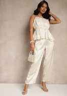 Spodnie damskie - Jasnobeżowe Eleganckie Spodnie o Szerokim Kroju z Satynowym Połyskiem Lionea - miniaturka - grafika 1