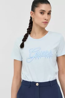 Koszulki sportowe damskie - Guess t-shirt bawełniany kolor niebieski - grafika 1