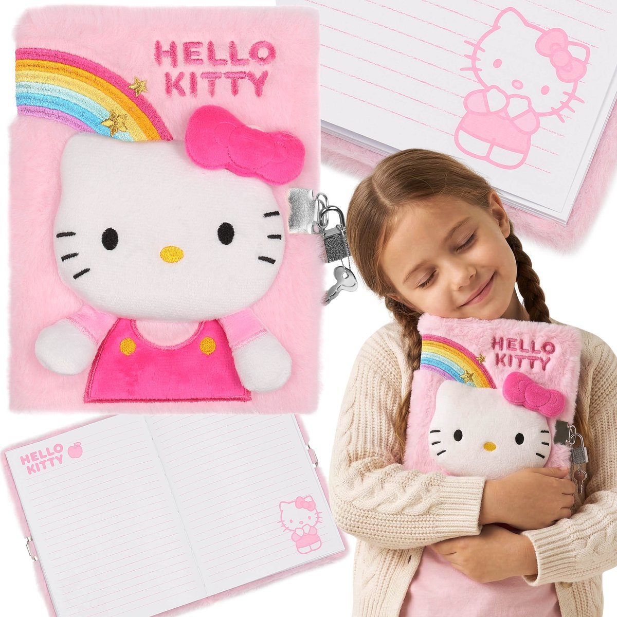 Hello Kitty PLUSZOWY notes dla dziewczynki, pamiętnik NA KLUCZYK, zeszyt szkolny w linie A5