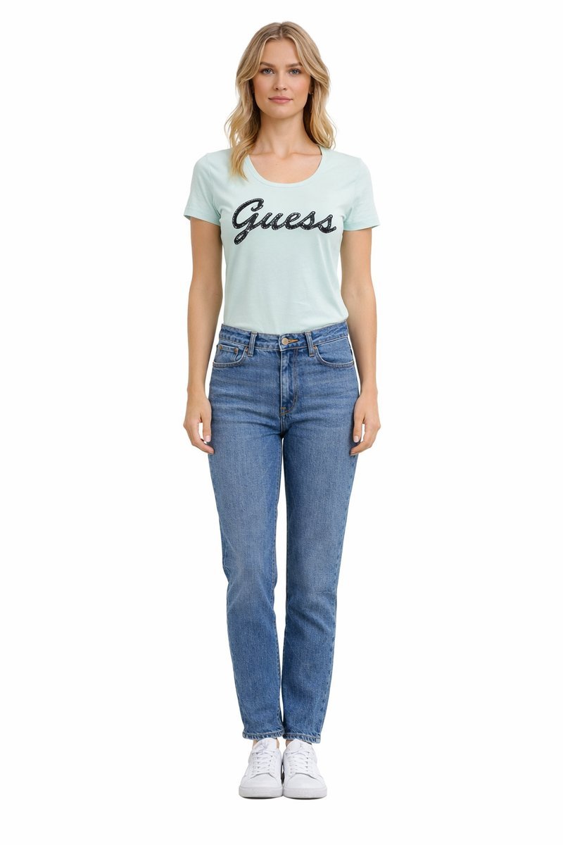 GUESS MIĘTOWY T-SHIRT DAMSKI Z CEKINOWYM NAPISEM LOGO M 1I4A