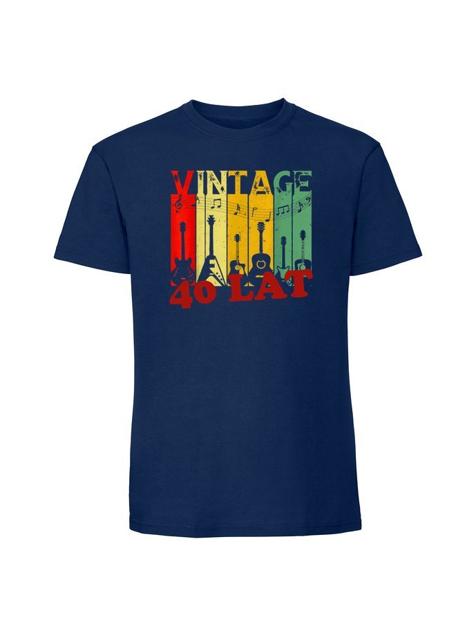 Męska koszulka z nadrukiem - 40 VINTAGE GITARY + WIEK 40 lat Granatowy 3XL
