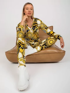 Komplety damskie - Komplet welurowy czarno-żółty casual bluzka i spodnie dekolt w kształcie V rękaw długi nogawka ze ściągaczem długość długa - grafika 1