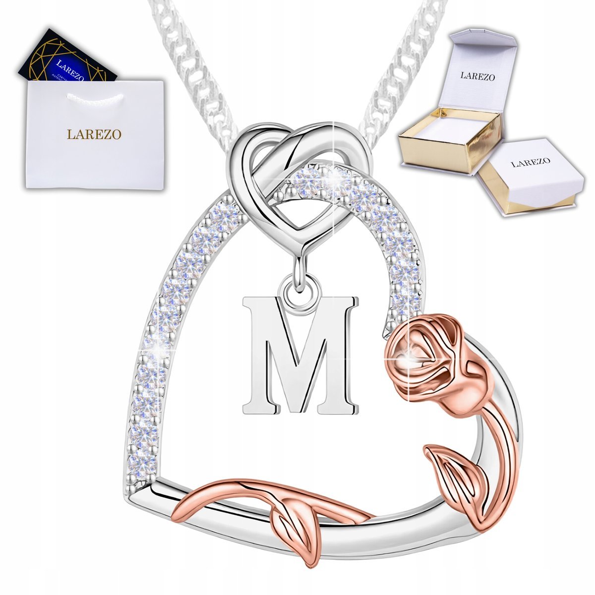 Srebrny Naszyjnik Dwa Serca z Literką Kwiat Życia Róża Litera M SREBRO 925