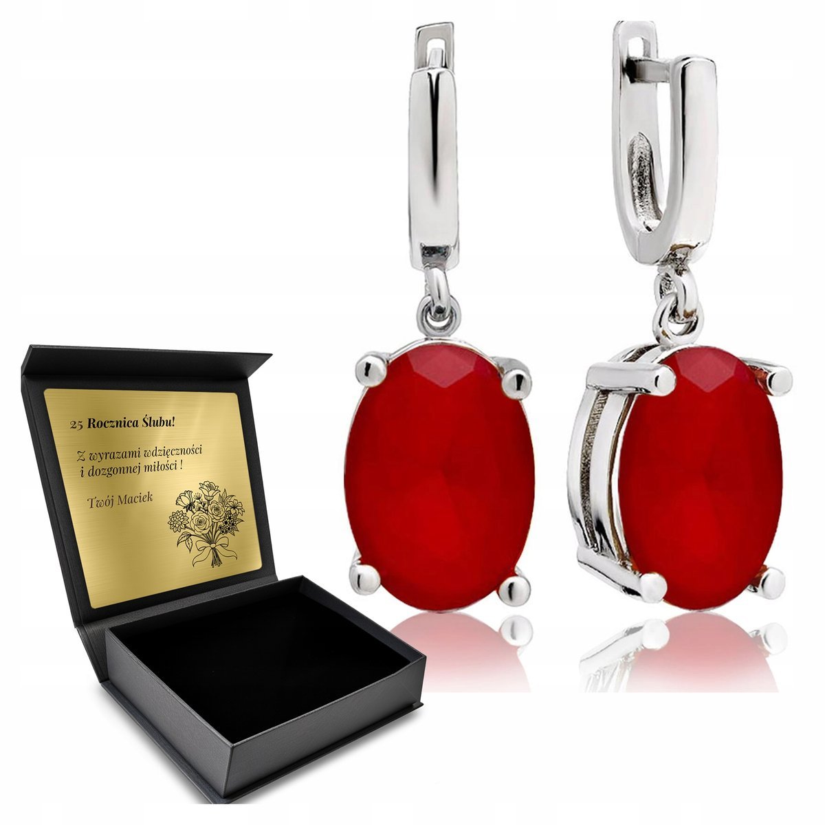 Kolczyki Srebrne 925 Rubin Piękna Biżuteria Dla Kobiety + Grawer