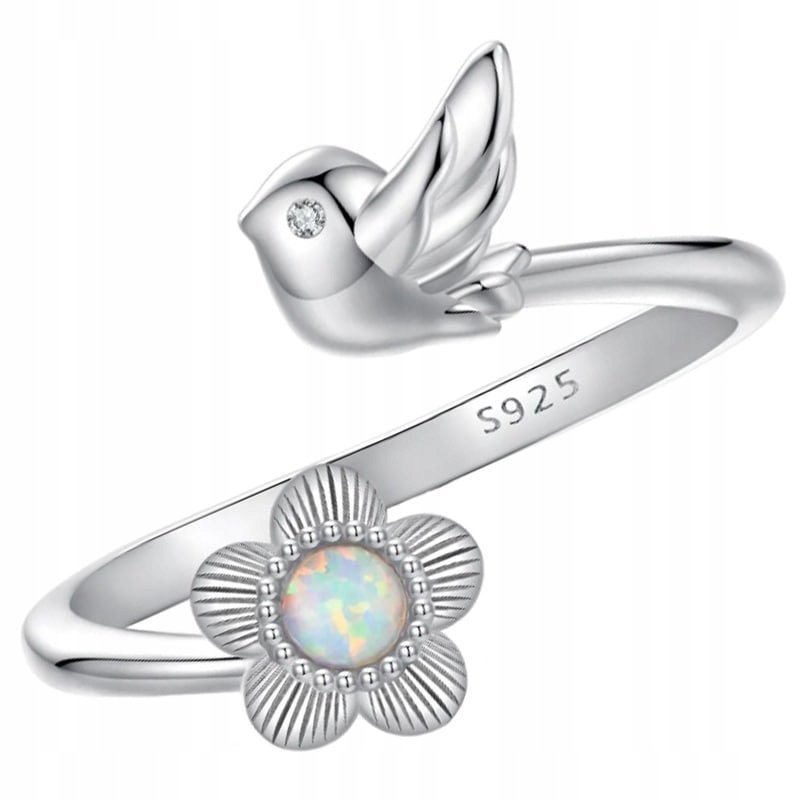 Pierścionek Srebrny Pierścionek Regulowany Ptaszek Kwiat Srebro 925 Trusky