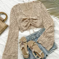 Swetry damskie - TEMU Elegancki, dzianinowy sweter wakacyjny dla kobiet - stylowa, z wycięciem w kształcie litery V, z długim rękawem i delikatnym detalem z koronki, - miniaturka - grafika 1