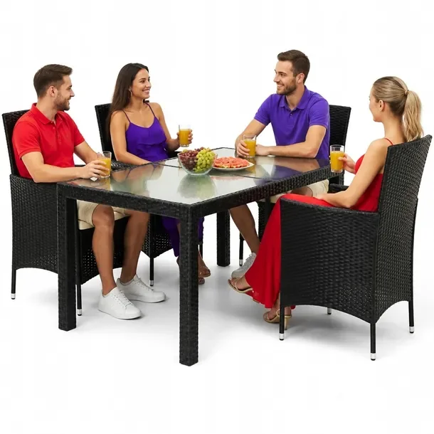 Zestaw mebli ogrodowych z rattanem PE, czarny, stół 150x90x75 cm, krzesł