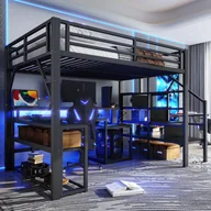 Łóżka dla dzieci i młodzieży - Łóżko piętrowe 140 x 200 cm z biurkiem narożnym i półkami - Metalowe - Diody LED i port USB - Czarne (Materac nie jest wliczony w cenę) - miniaturka - grafika 1