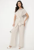 Komplety damskie - Beżowy Komplet Koszula z Asymetrycznym Wiązaniem i Szerokie Spodnie Filivara - miniaturka - grafika 1