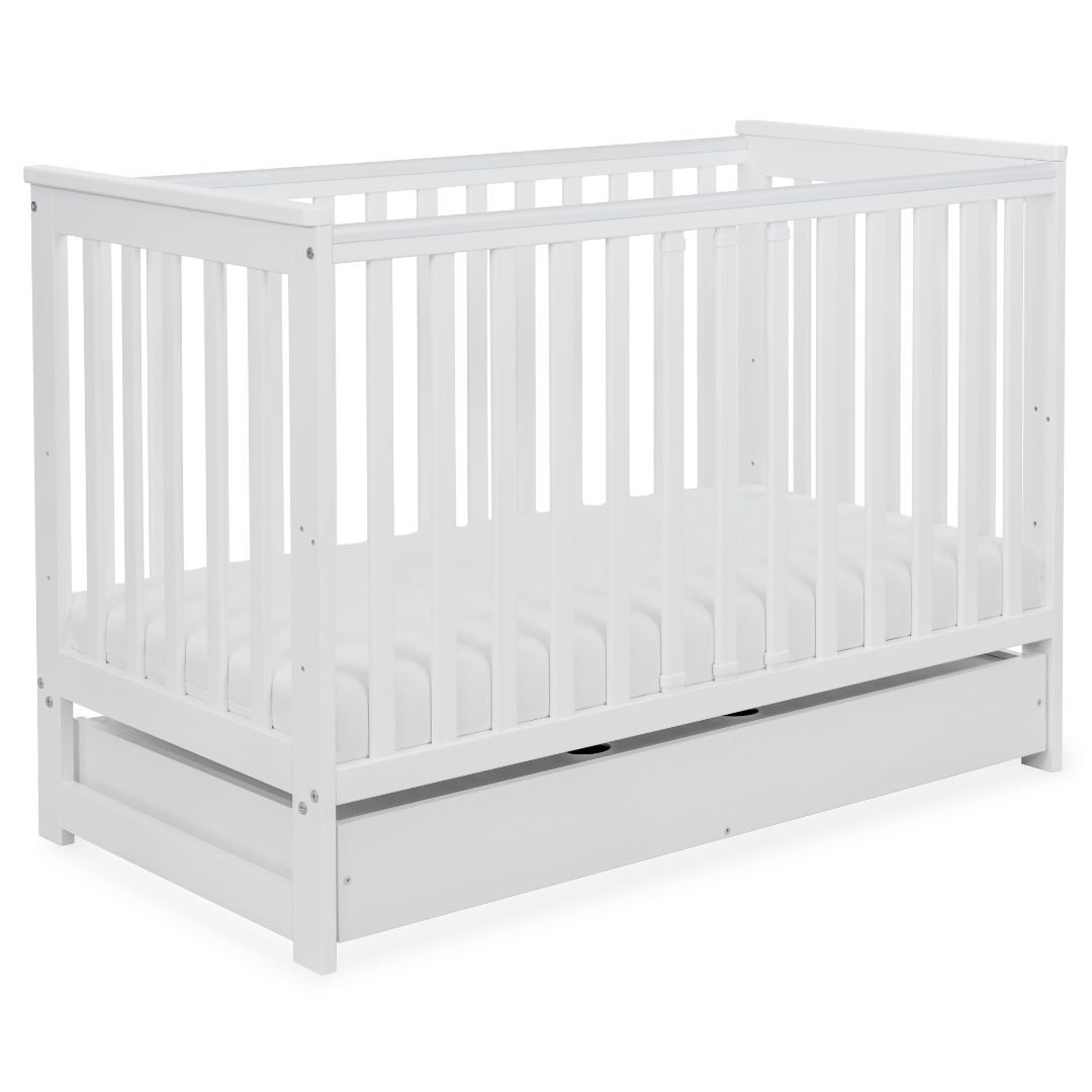 Łóżeczko drewniane z szufladą i barierką IWI białe