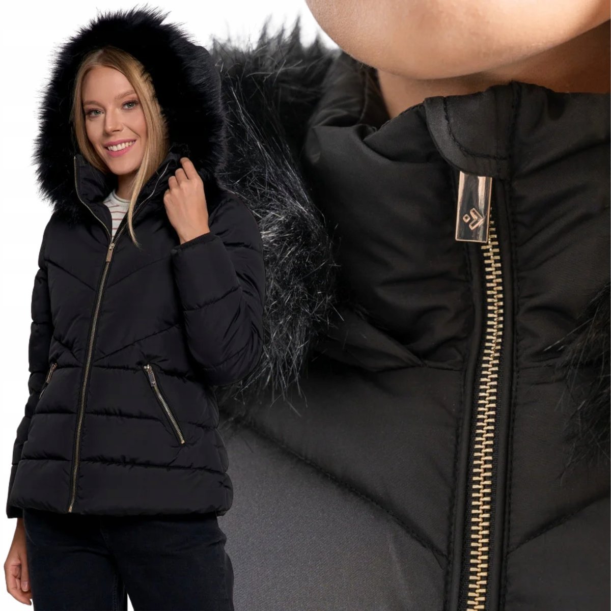 DAMSKA KURTKA PIKOWANA Z FUTERKIEM ELEGANCKA Z ODPINANYM KAPTUREM MORAJ 3XL BLACK