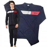 Piżamy damskie - PIŻAMA MĘSKA 4XL KOMPLET BAWEŁNA prezent granat długa rozpinana wygodna - miniaturka - grafika 1