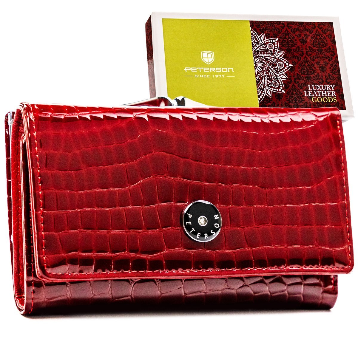 Portfel damski na zatrzask i bigiel skórzany czerwony PETERSON lakierowany portmonetka rfid stop poziomy na karty