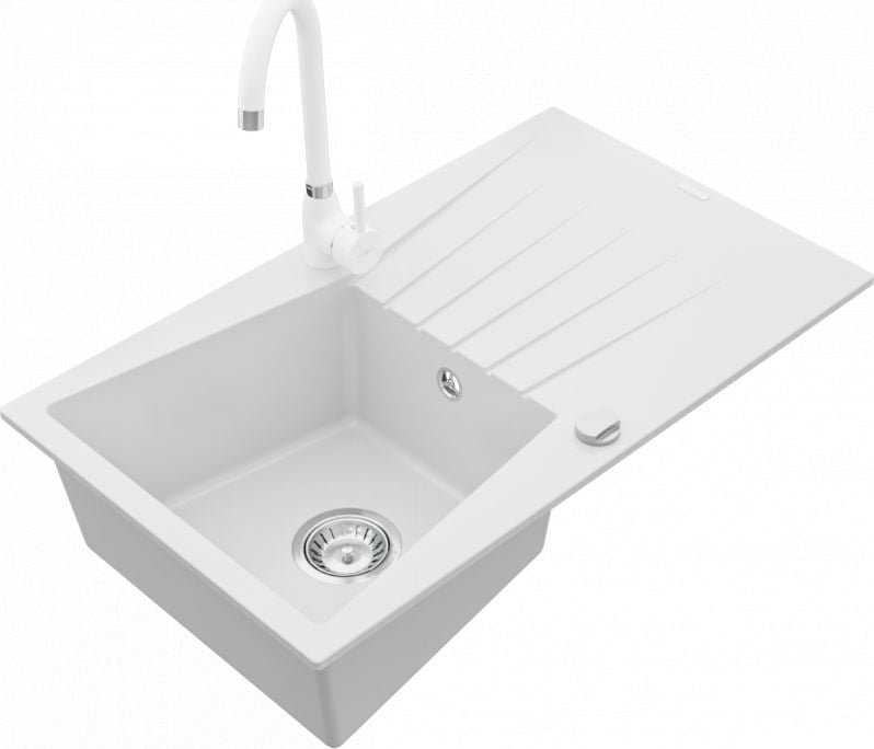 Mexen Zlewozmywak  Cesar granitowy 1-komorowy z ociekaczem i baterią kuchenną Telma, biały - 6514-20-670200-20