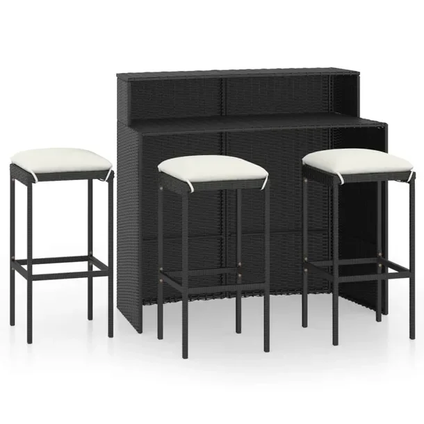 Zestaw mebli barowych czarny rattan PE z kremowymi poduszkami 120x55x110 cm
