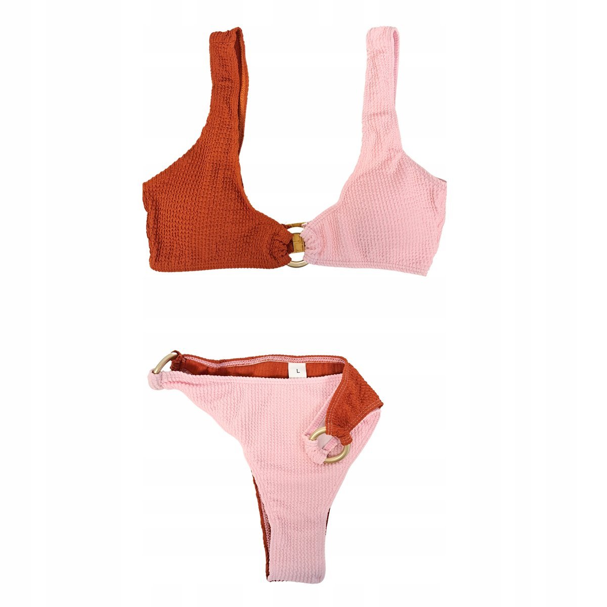 Prążkowany Dwuczęściowy Strój Kąpielowy Bikini Set Dwukolorowy Pink L