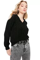 Bluzy damskie - Trendyol Damska bluza z dekoltem w serek, jednokolorowa, dopasowana bluza, Czarny, S - miniaturka - grafika 1