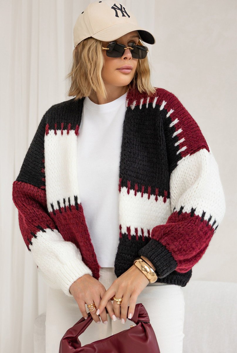 Krótki kardigan oversize - czarny/burgund One size Sploty