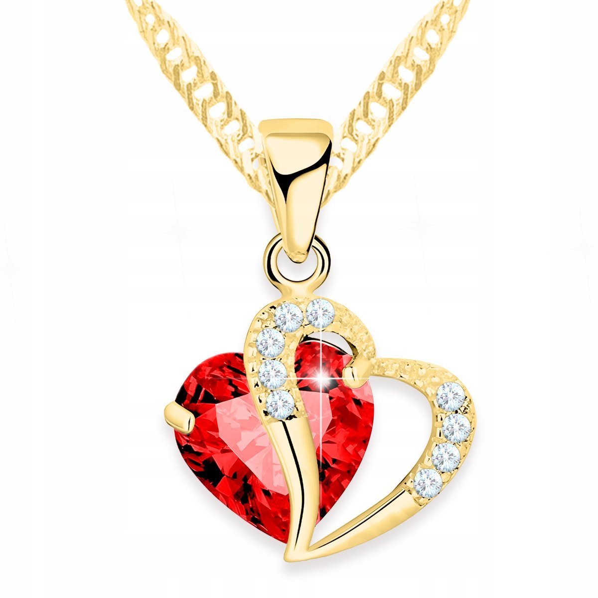 Złoty Naszyjnik z Czerwonym Sercem Kamieniem Oczkiem Serce SREBRO 925