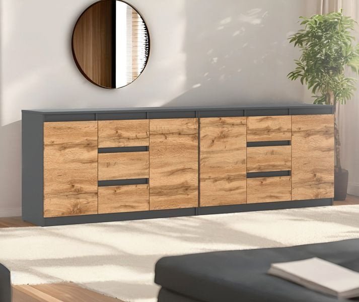 Komoda Loft 240cm Szafka Na Ubrania Nowoczesna Szara Mat Dąb Wotan Salon
