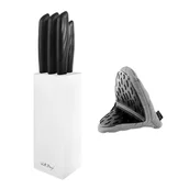 Noże kuchenne - Zestaw 5 noży w bloku białym z szarą rękawicą kuchenną - miniaturka - grafika 1