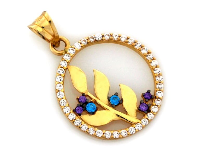 Złota zawieszka gałązka z kolorowymi cyrkoniami