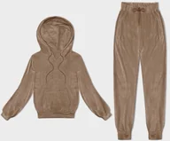 Dresy damskie - Welurowy dres damski z kapturem ciemny beż (8C1175-91) - J STYLE - miniaturka - grafika 1