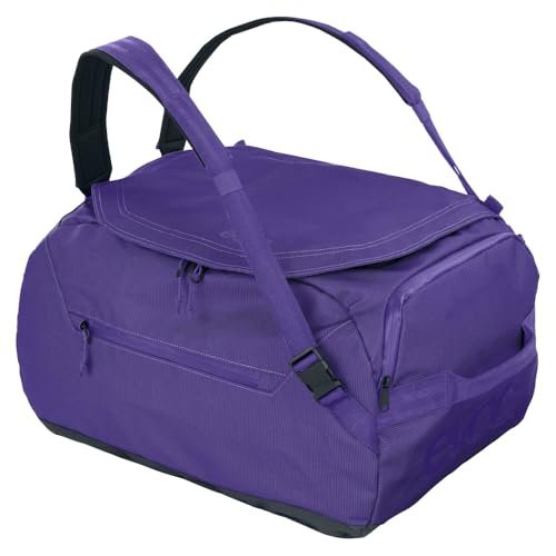EVOC DUFFLE BAG 40 Wodoodporna torba podróżna i na sprzęt (torba podróżna z odpinanym paskiem do noszenia, uniwersalnym zastosowaniem i zamkiem, bez PVC, rozmiar S), fioletowo-czarna