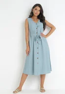 Sukienki - Jasnoniebieska Trapezowa Sukienka z Wiązanym Paskiem Brystia - miniaturka - grafika 1
