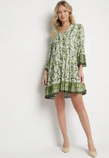 Zielona Rozkloszowana Sukienka z Wiskozą w Ornamentalny Wzór Ravapia - Sukienki - miniaturka - grafika 1