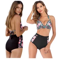 Stroje kąpielowe - Bikini Strój Kąpielowy Dwuczęśćiowy Na Plażę Basen Z Wysokim Stanem Kostium - miniaturka - grafika 1