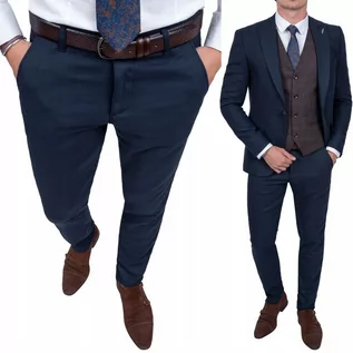 Spodnie męskie - ﻿Spodnie Męskie Eleganckie Granatowe Gładkie Slim - 33 - grafika 1