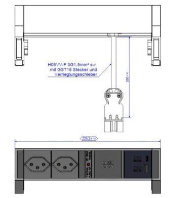 BACHMANN DESK2 2xCH 90° 1xUSB A/C 22W, 0,2m GST18 RAL9005 Szwajcaria
